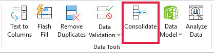 Excel Data Tools ribbon group with the Consolidate button outlined in red beside Data Validation.