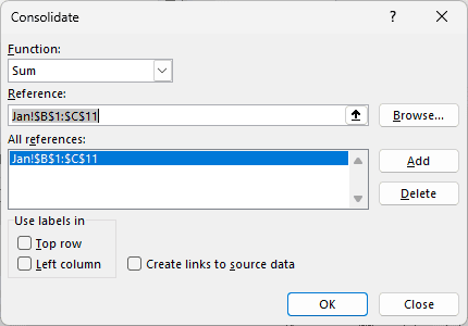 Consolidate dialog set to Sum, with Jan!$B$1:$C$11 added and Top row and Left column still unchecked.