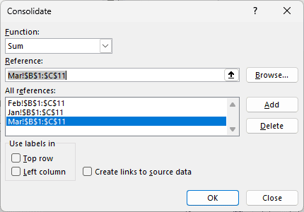 Consolidate dialog lists the Feb, Jan and Mar ranges B1:C11 under All references, with Sum selected.