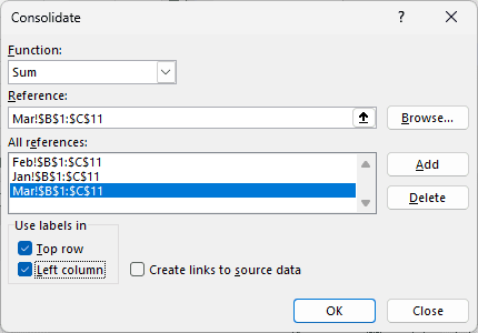 Consolidate dialog with all three monthly ranges added and both Top row and Left column checked.
