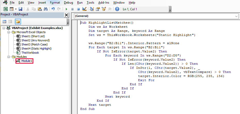 HighlightListMatches macro in a VBA standard module.