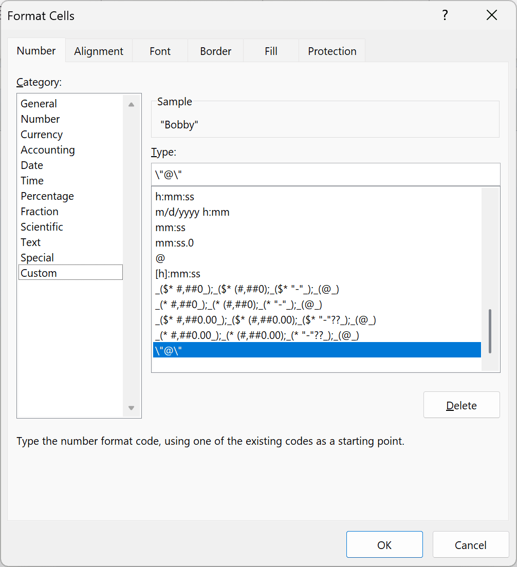 Format Cells shows the Custom category selected, with a format displaying Bobby in double quotes in the sample.