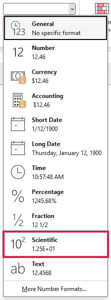 Home tab Number Format dropdown highlights the Scientific option with a 1.25E+01 preview.