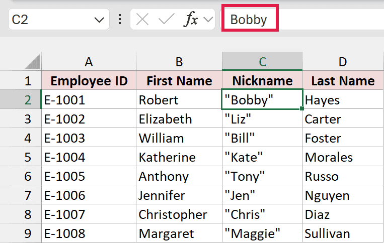 Nickname cells display double quotes while the formula bar shows Bobby without quotes.