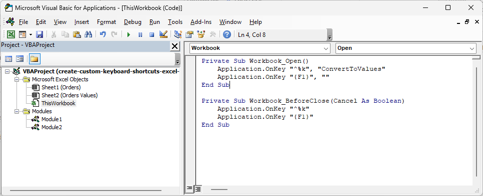 ThisWorkbook code showing Workbook_Open and Workbook_BeforeClose assigning and resetting shortcuts through Application.OnKey.