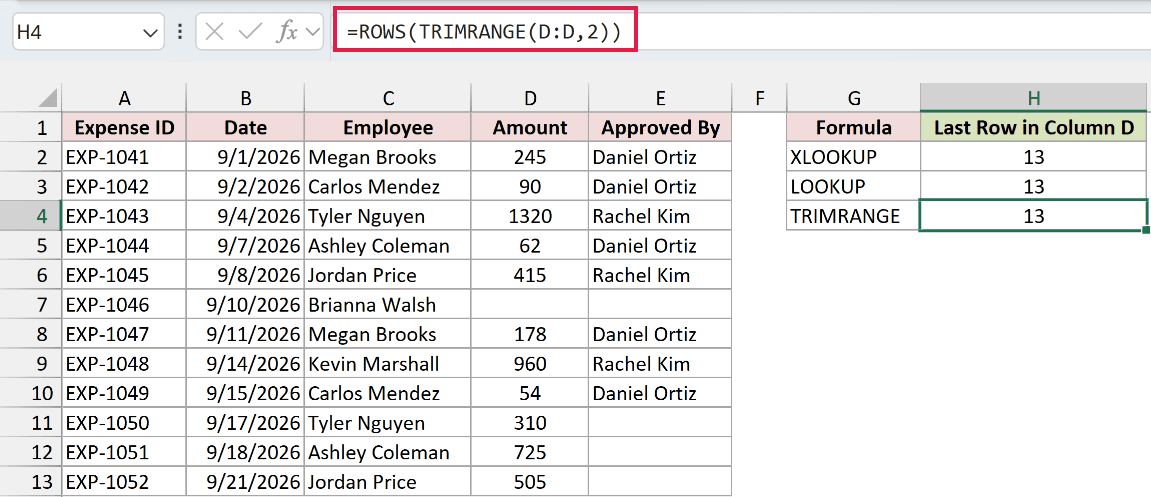 ROWS and TRIMRANGE formula in H4 returns 13