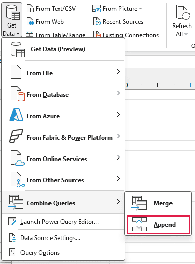 Excel Get Data menu has Combine Queries expanded, showing Merge and Append, with Append outlined in red.