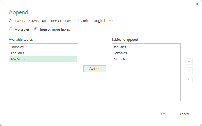 Append dialog has Three or more tables selected, with JanSales, FebSales and MarSales in Tables to append.