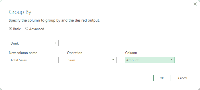 Power Query Group By dialog groups by Drink and creates Total Sales using the Sum operation on Amount.