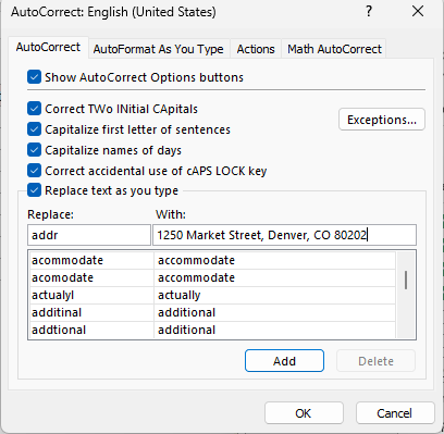 AutoCorrect dialog replacing addr with 1250 Market Street, Denver, CO 80202.
