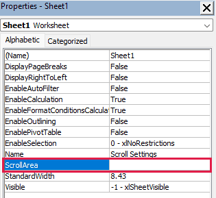 Worksheet Properties showing an empty ScrollArea value