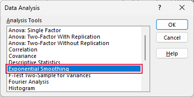 Exponential Smoothing selected in the Data Analysis dialog