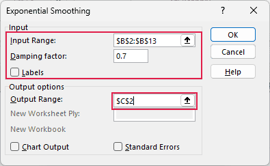 Exponential Smoothing settings with damping factor 0.7 and output C2