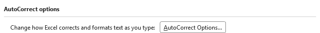 Excel Options Proofing page displaying the AutoCorrect Options button.