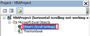 Scroll Settings worksheet selected in the VBA Project Explorer