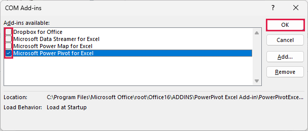 COM Add-ins dialog with add-in check boxes and the OK button