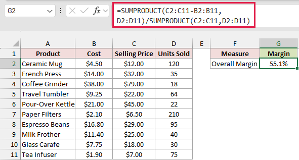 SUMPRODUCT formula returns an overall margin of 55.1% beside the product sales table.