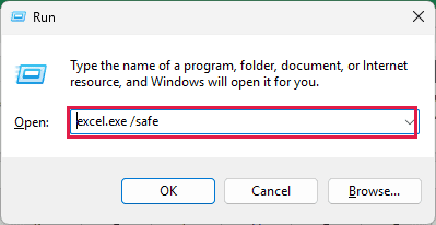 excel.exe /safe entered in the Windows Run dialog