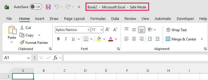 Blank Excel workbook with Safe Mode shown in the title bar