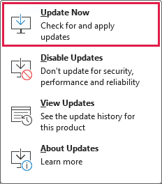 Update Now command in the Office Update Options menu