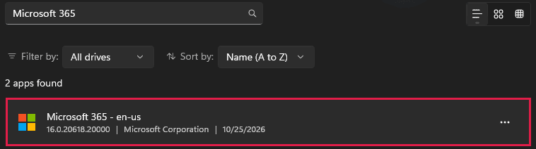 Microsoft 365 listed in Windows Installed apps