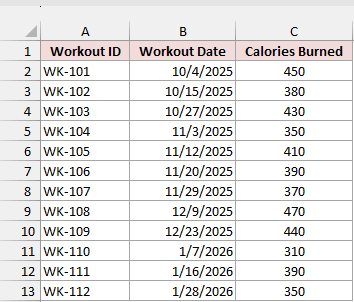 Workout log with workout ID, workout date, and calories burned in A1:C13