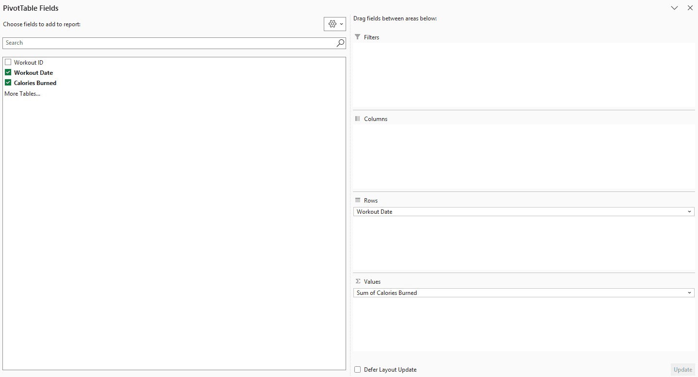 PivotTable Fields pane with Workout Date in Rows and Sum of Calories Burned in Values