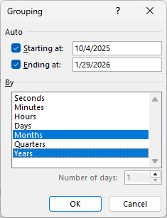 Grouping dialog with Months and Years selected