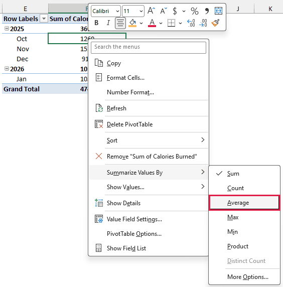 Right-click menu on a PivotTable value with Summarize Values By and Average selected