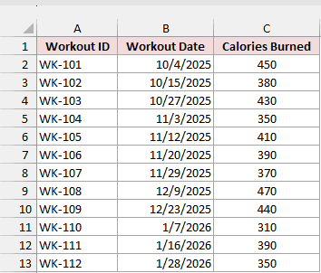 Workout log with workout ID, workout date, and calories burned in A1:C13