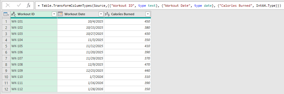 Power Query Editor with the Workout Date column set to the Date type