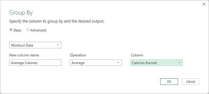 Group By dialog grouping by Workout Date with an Average Calories column that averages Calories Burned