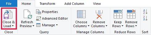 Close & Load button on the Home tab of the Power Query Editor