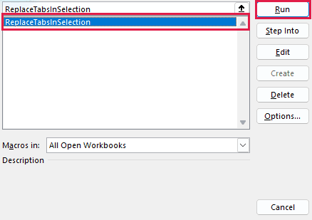 Excel Macro dialog has ReplaceTabsInSelection selected, with the Run button visible.
