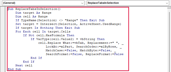 VBA editor displays ReplaceTabsInSelection code with text-only guards and cell.Replace using vbTab.