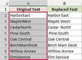 Range A2:A9 is selected around original branch labels, with comparison results in column B.
