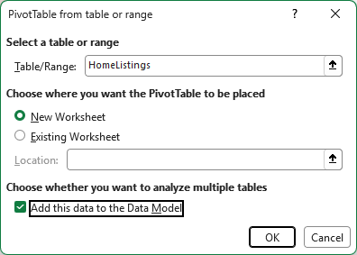 PivotTable from table or range dialog with Add this data to the Data Model checked