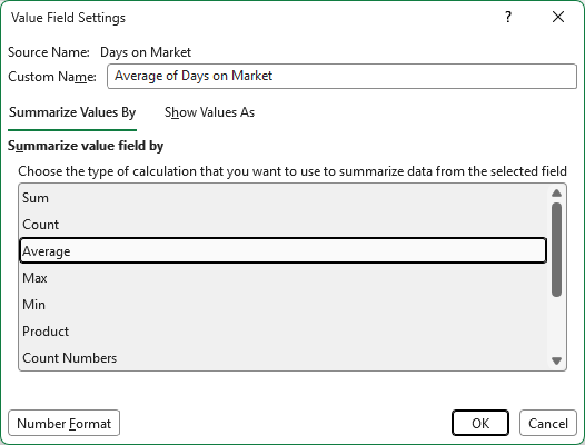 Value Field Settings dialog with Average selected and no Median option