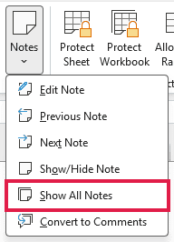 Show All Notes command on the Review tab's Notes menu