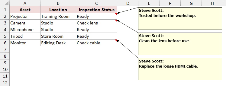 Equipment worksheet with all three note boxes displayed