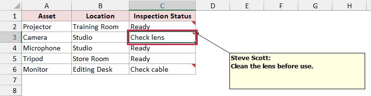 Cell C3 selected with its inspection note displayed
