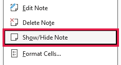 Show/Hide Note command in cell C3's right-click menu
