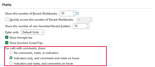 Note display settings in Excel's Advanced options