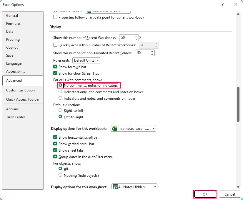 No comments, notes, or indicators selected in Excel Options