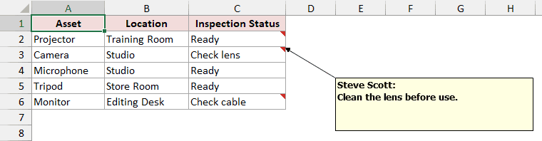 Equipment inspection list with the note for cell C3 displayed