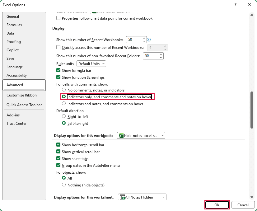Indicators only, and comments and notes on hover selected
