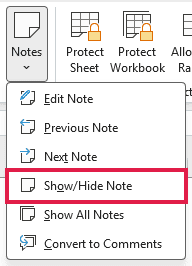 Show/Hide Note command on the Review tab's Notes menu