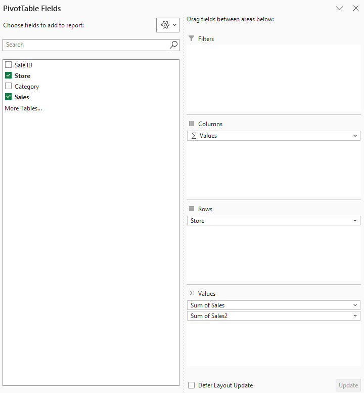 PivotTable Fields pane places Store in Rows and Sum of Sales and Sum of Sales2 in Values.