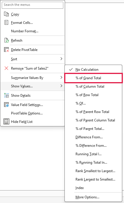 Show Values flyout for Sum of Sales2 highlights the % of Grand Total option in red.
