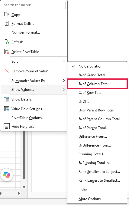 Show Values flyout has the % of Column Total option outlined in a box.